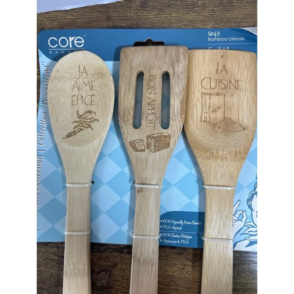 Core Bamboo Utensils Set of 3 Expressions French Engraved Kitchen Tools New